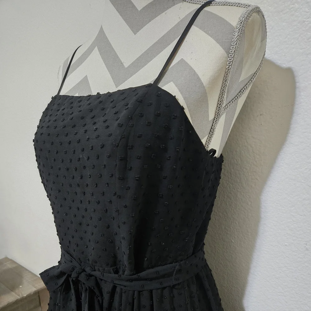 AQUA Black Midi Dress Swiss Dot Lace Inset Handkerchief Hem Tie Waist Small - Picture 7 of 15